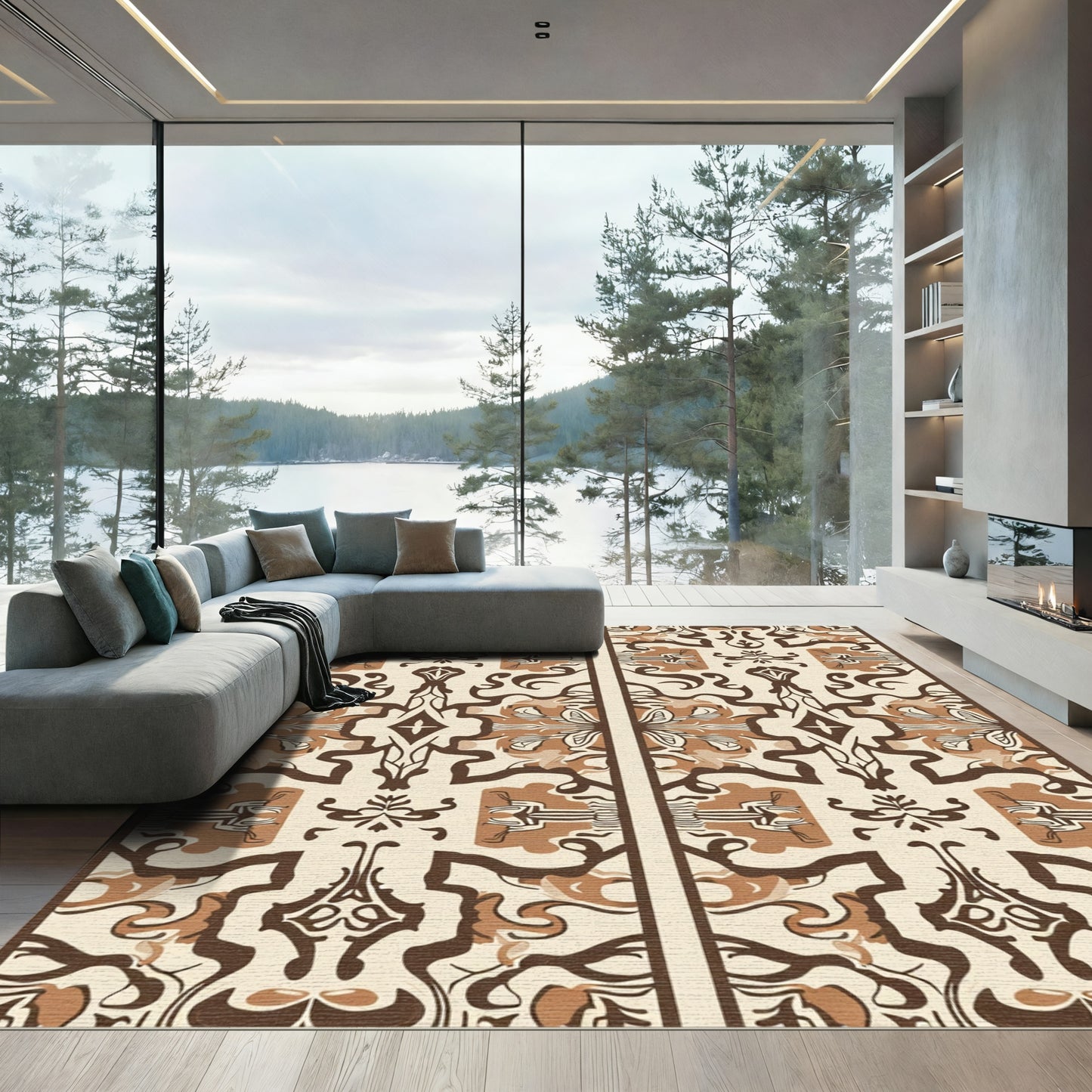 Brown Cream Organic Scrollwork Medallion Rug
