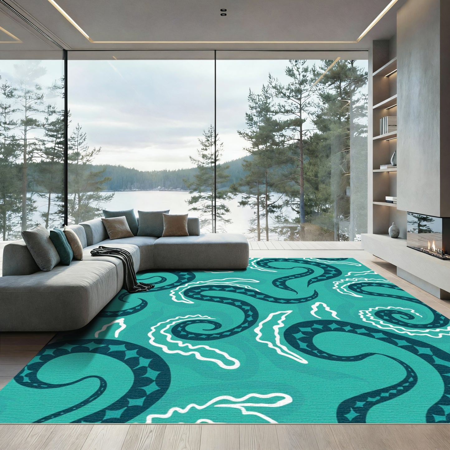 Deep Teal Tentacle Swirl Rug