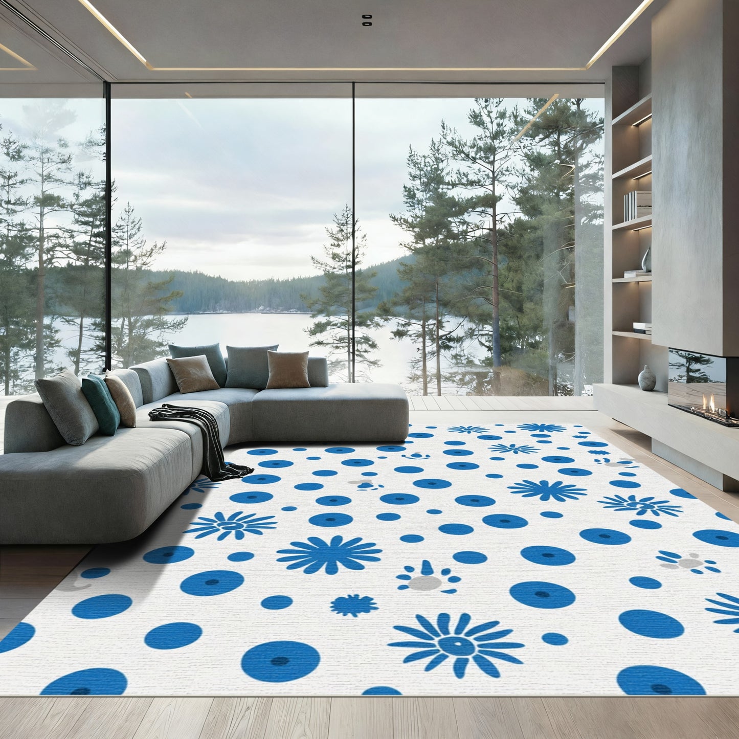 Whimsical Blue Flower Dot Composition Rug