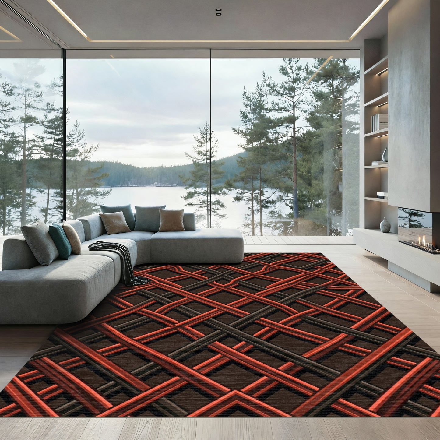 Rustic Red Black Lattice Weave Rug
