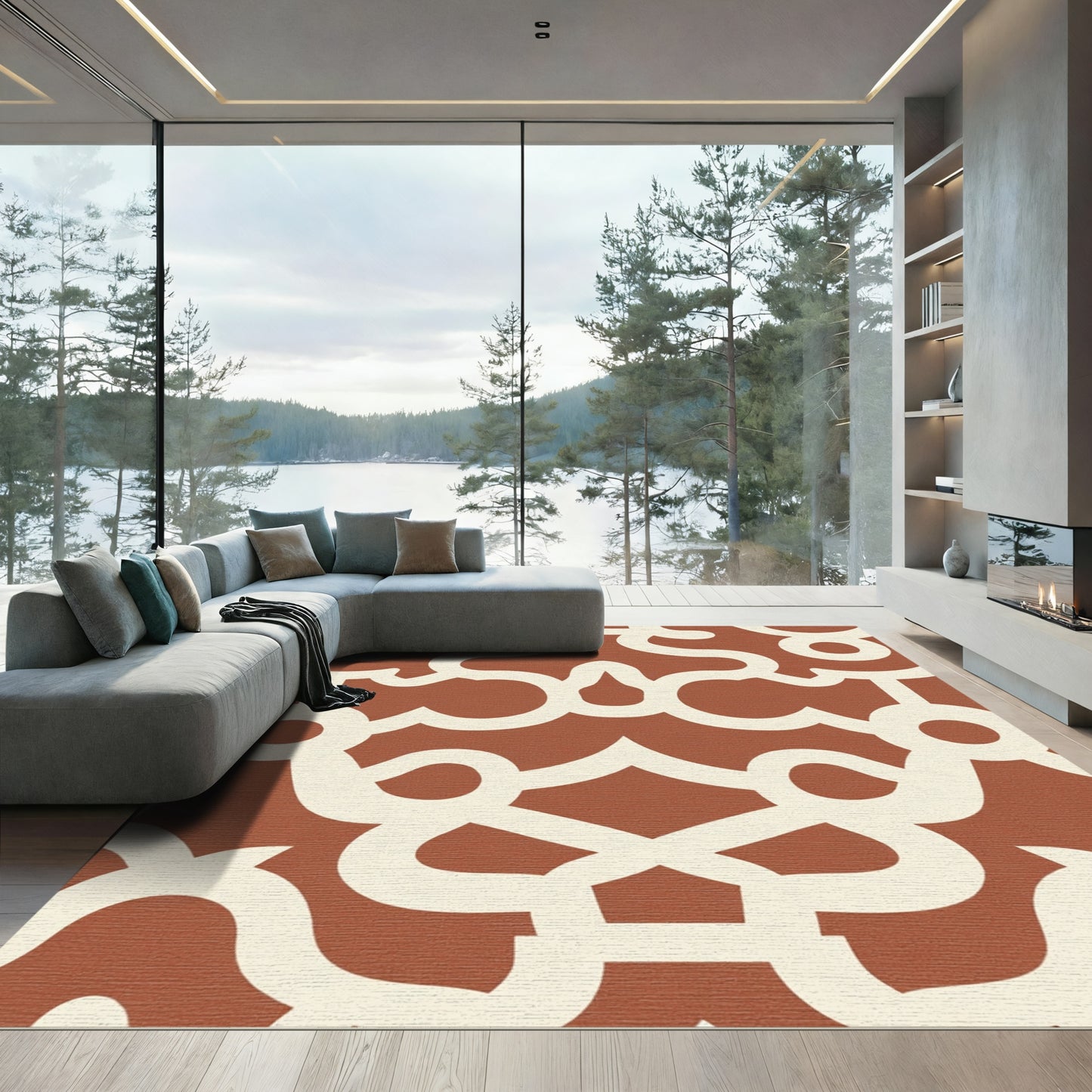Terracotta Cream Interlocking Scroll Rug