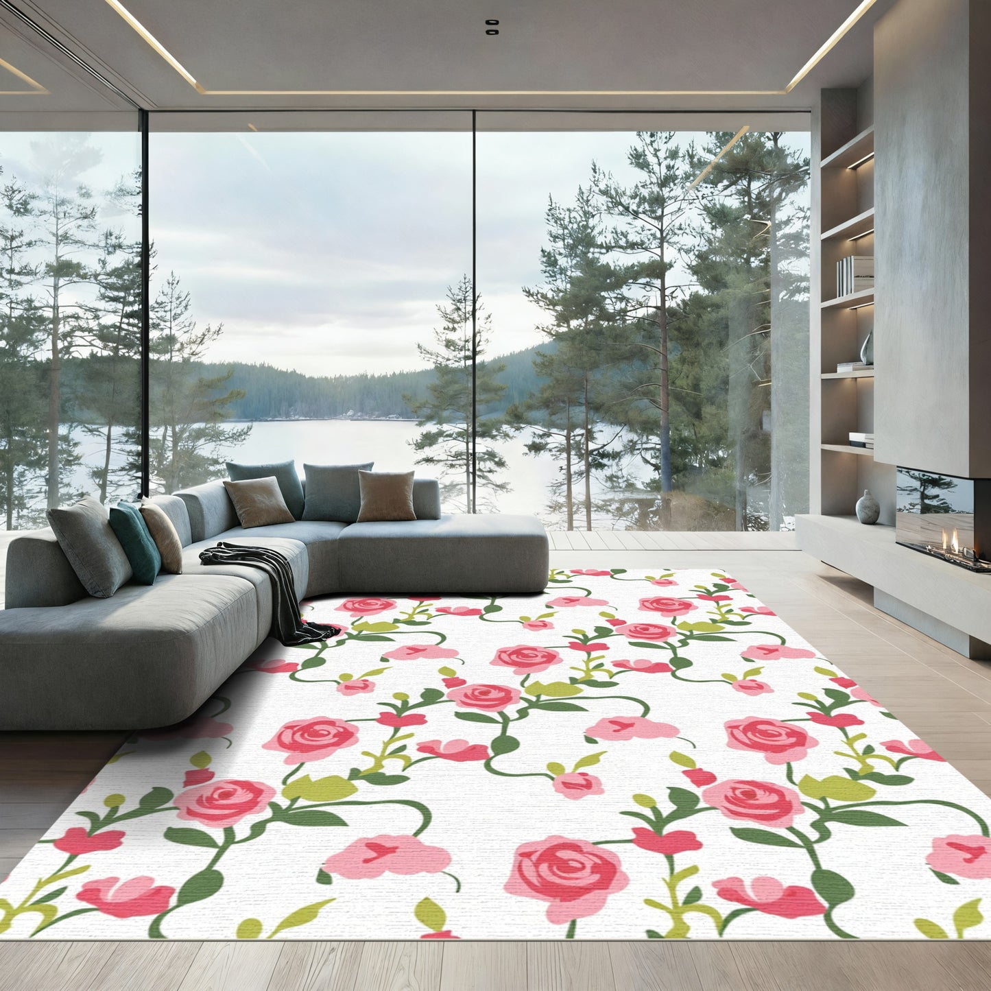 Pink Rose Vine Floral Composition Rug