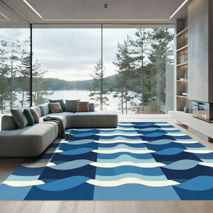 Modern Indigo Tonal Wave Collage Rug