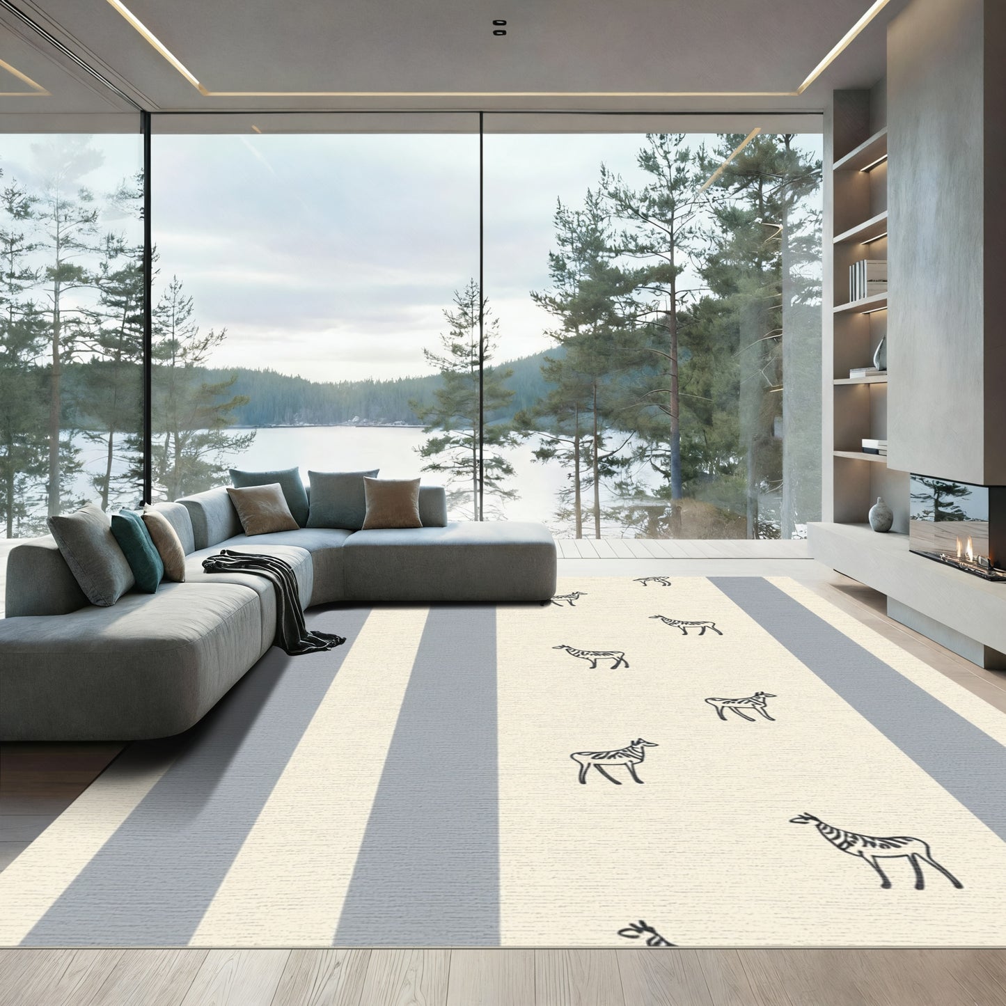 Cream Gray Striped Zebra Accent Rug