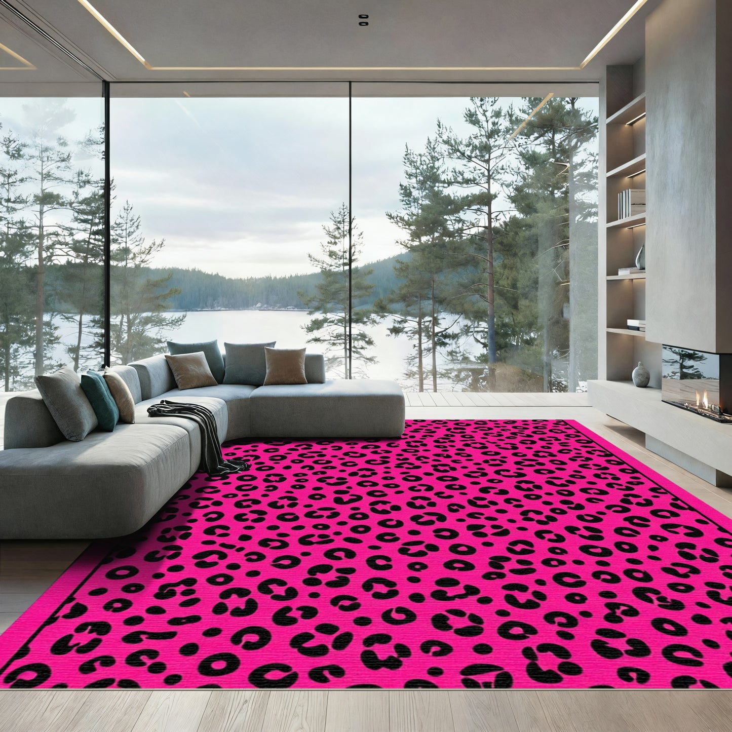 Vibrant Pink Black Leopard Spots Rug