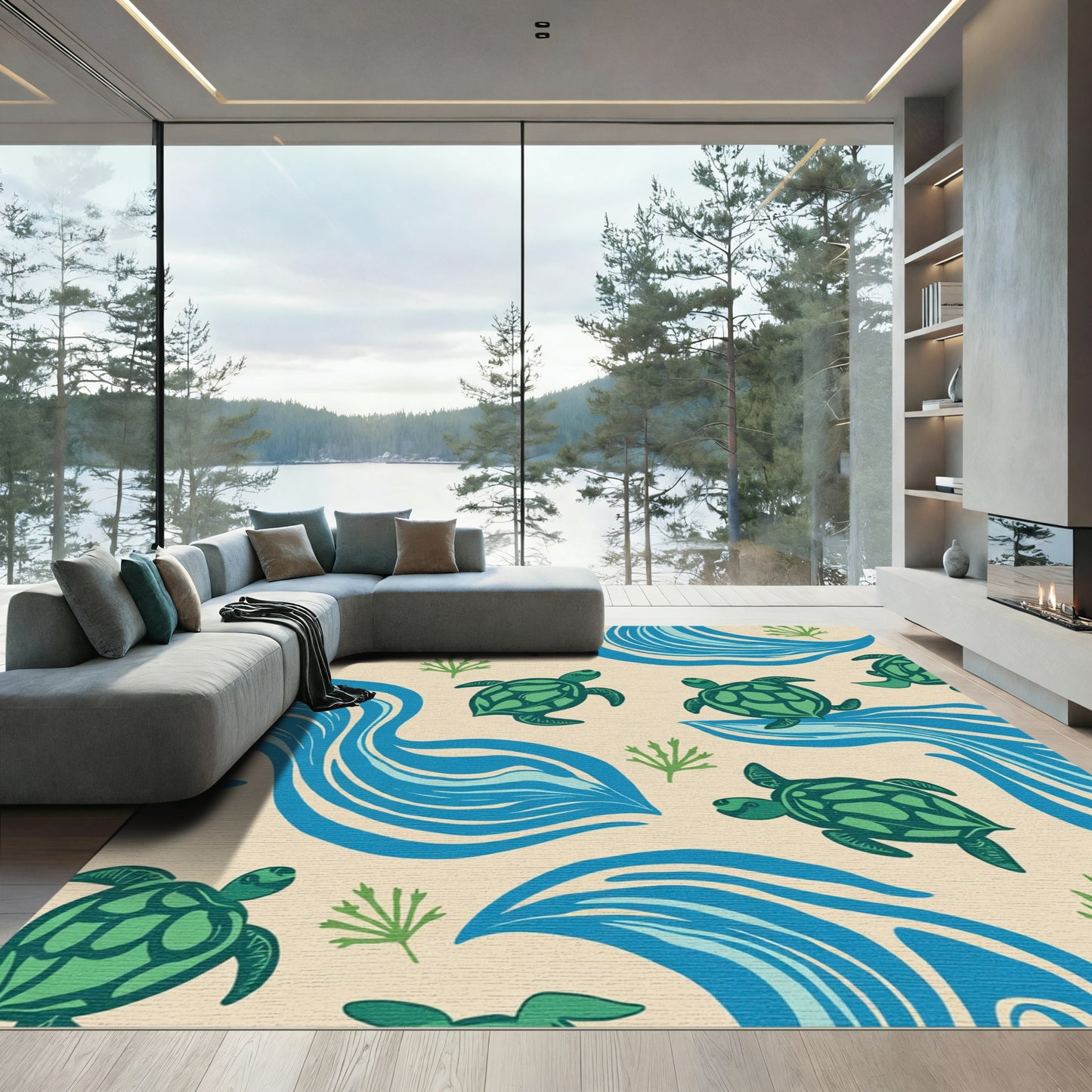 Green Sea Turtle Wave Composition Rug
