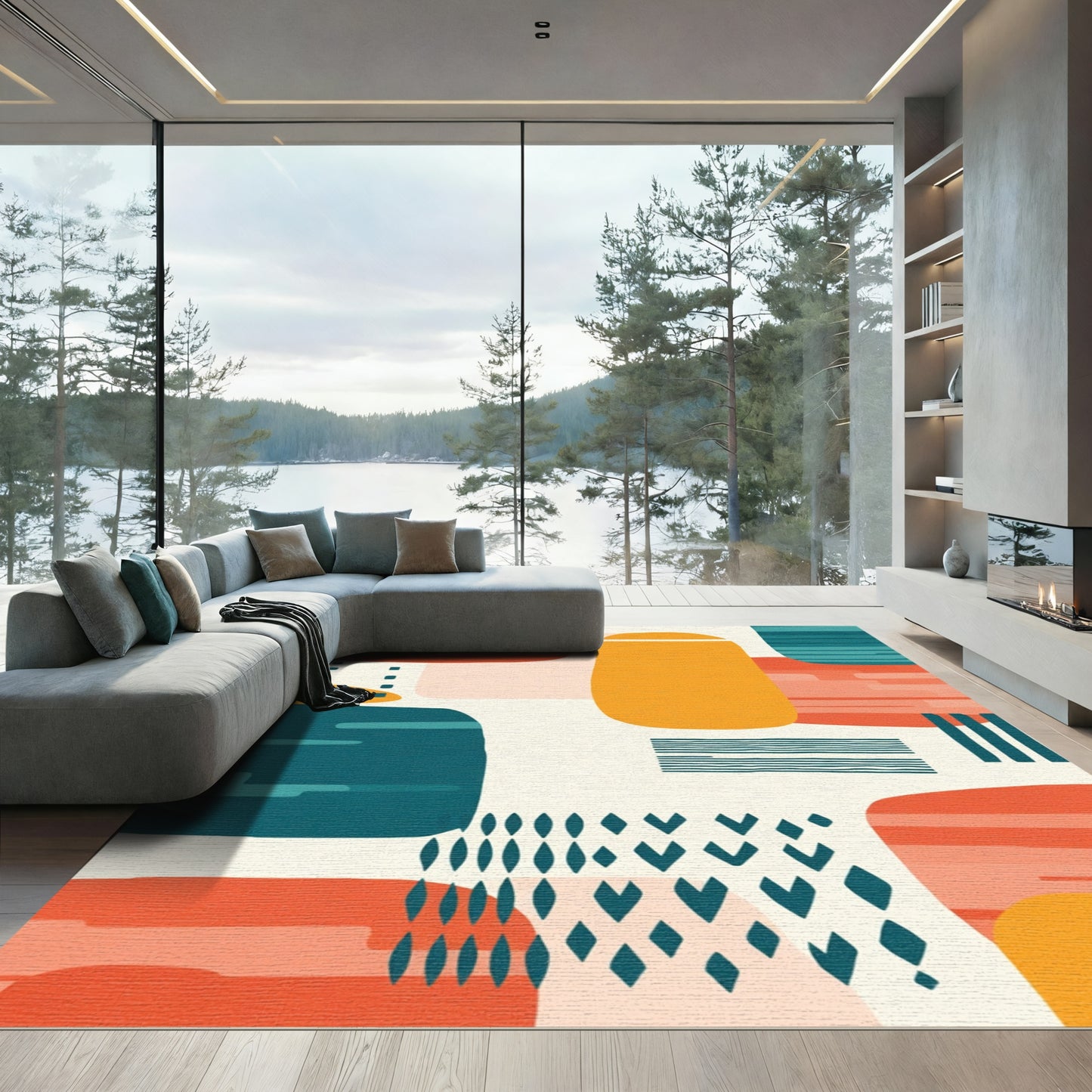 Orange Teal Abstract Mid Century Modern Rug