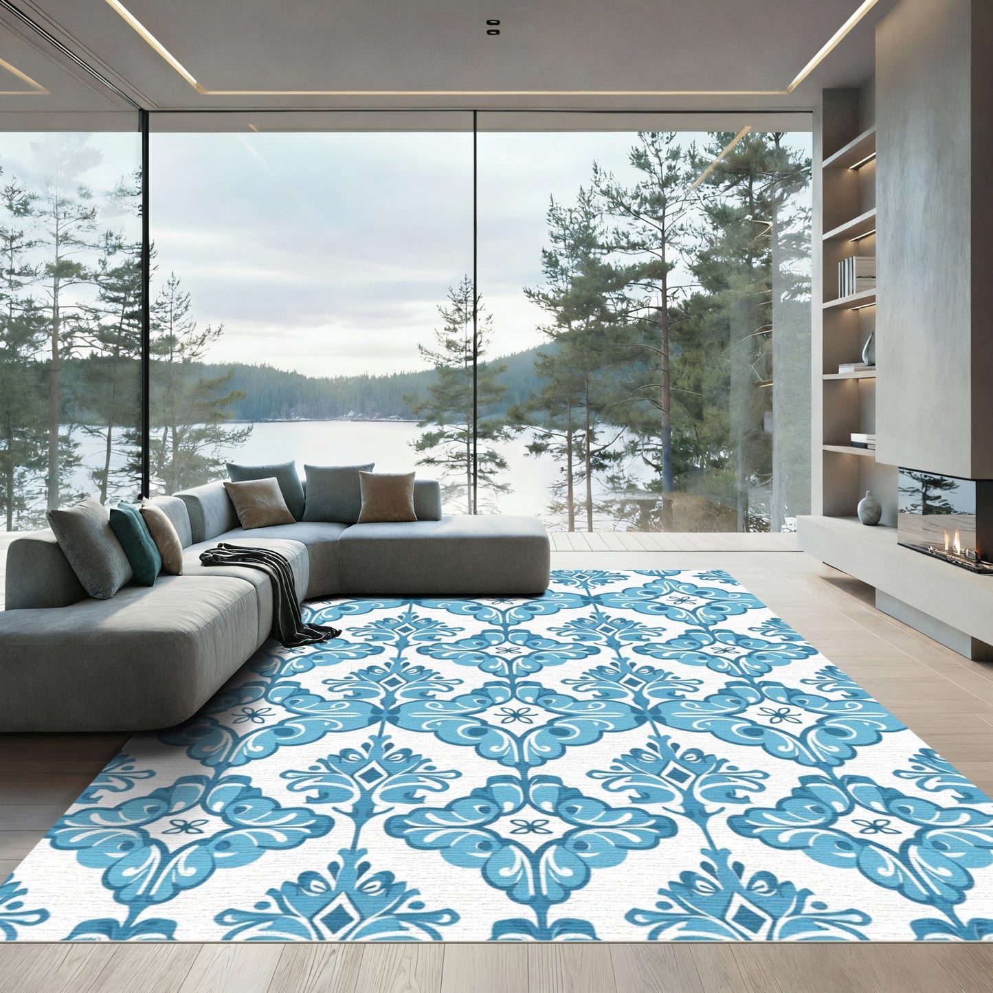 Regal Blue Damask Scroll Rug