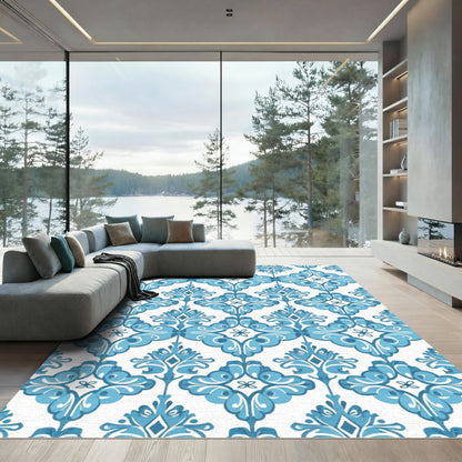 Regal Blue Damask Scroll Rug