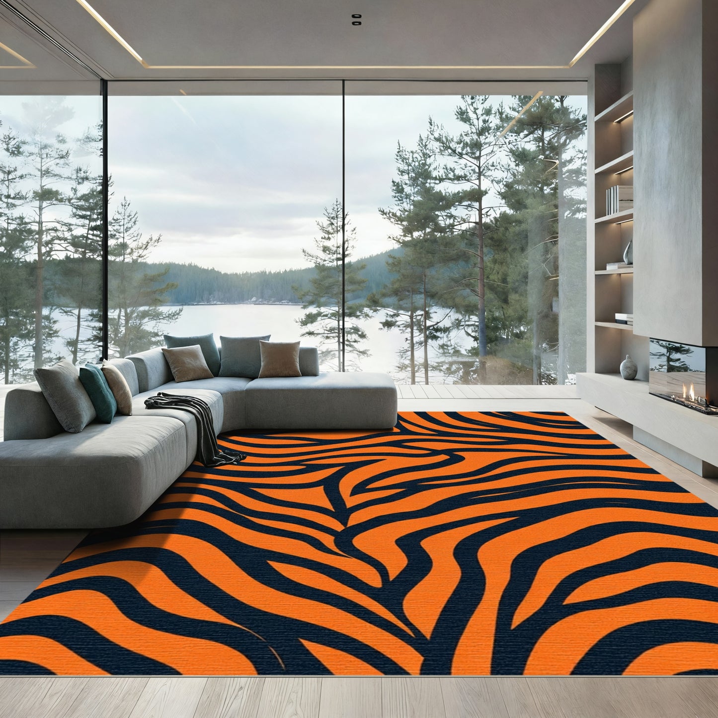 Bold Orange Black Stripe Texture Rug