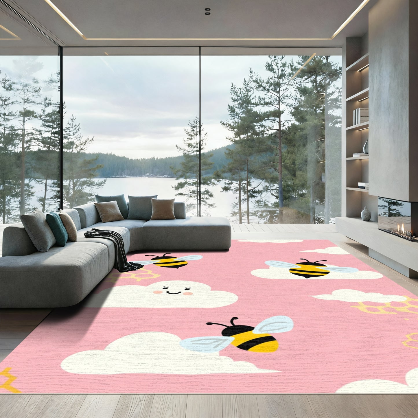 Pink Sky With Yellow Bees Clouds Rug