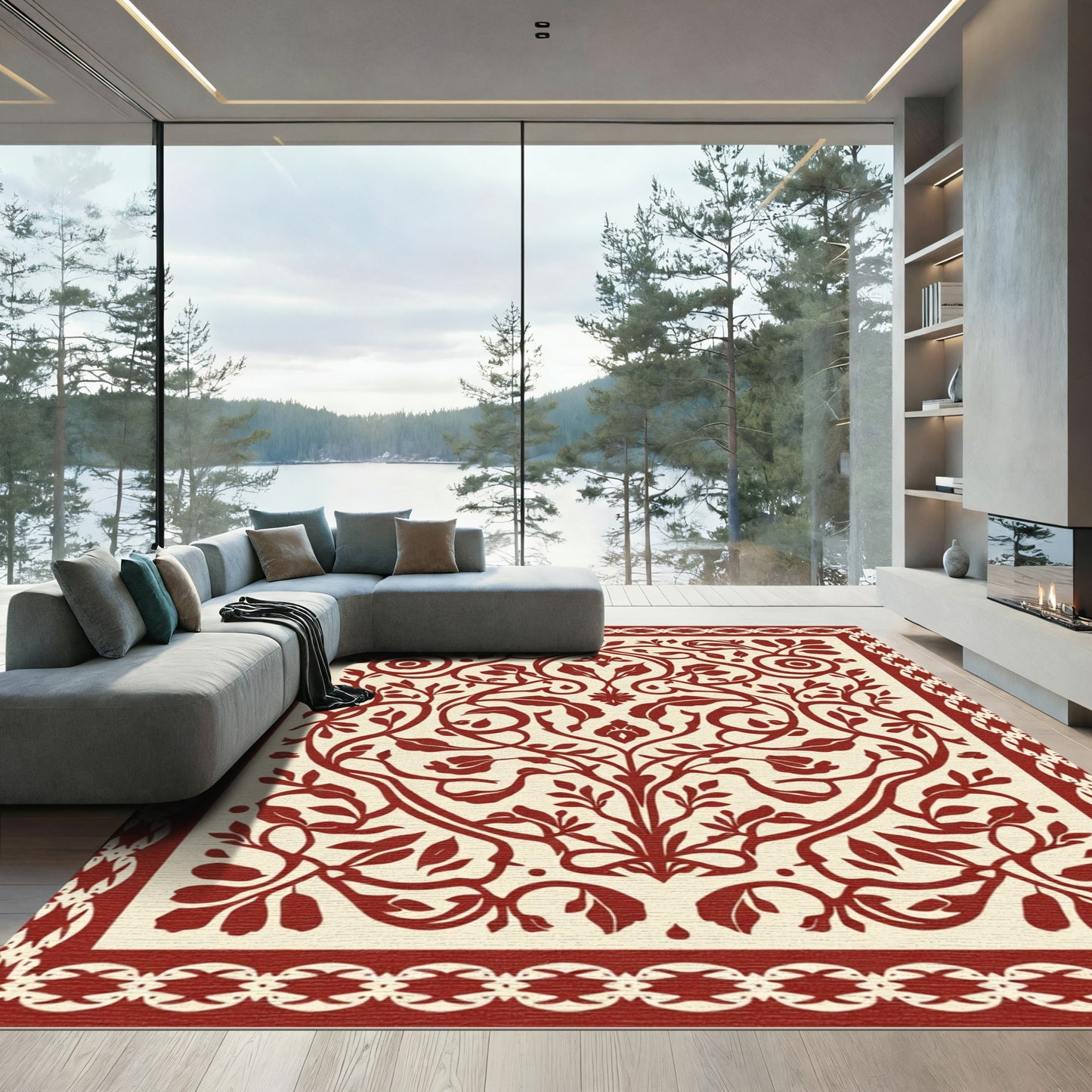 Crimson Botanical Scroll Border Medallion Rug