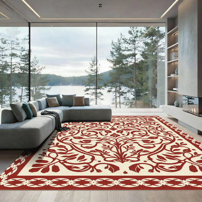 Crimson Botanical Scroll Border Medallion Rug