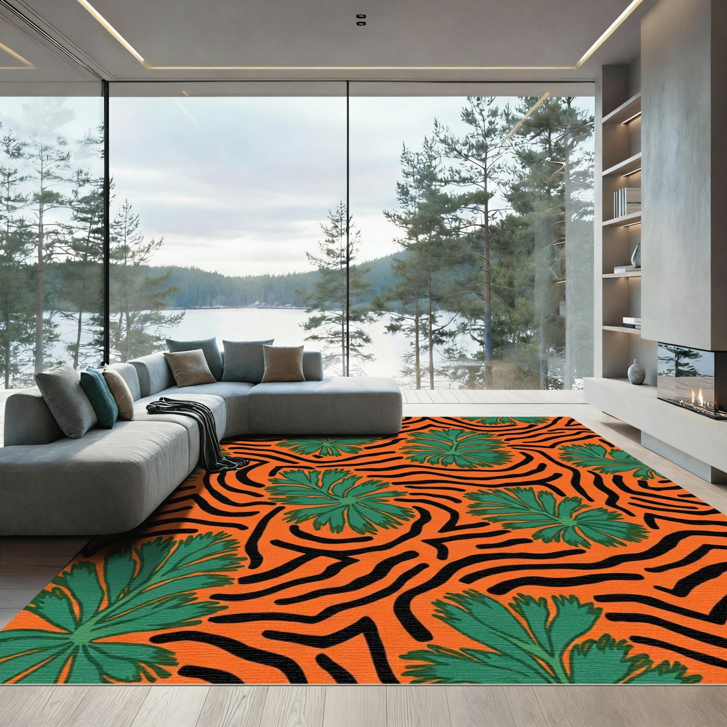 Vibrant Orange Green Leaf Swirl Rug