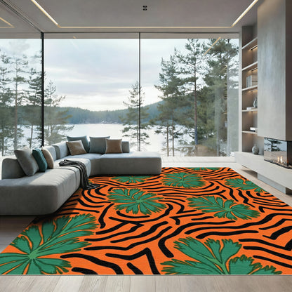 Vibrant Orange Green Leaf Swirl Rug
