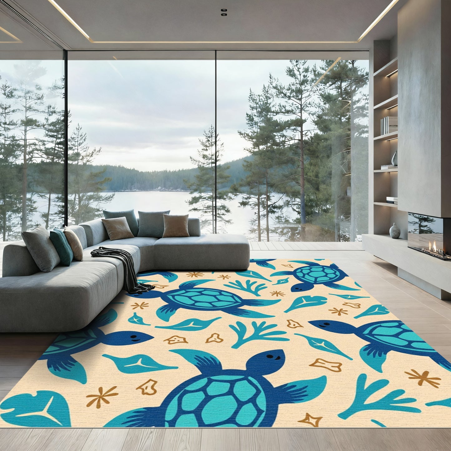 Blue Sea Turtle Aqua Leaf Motif Rug