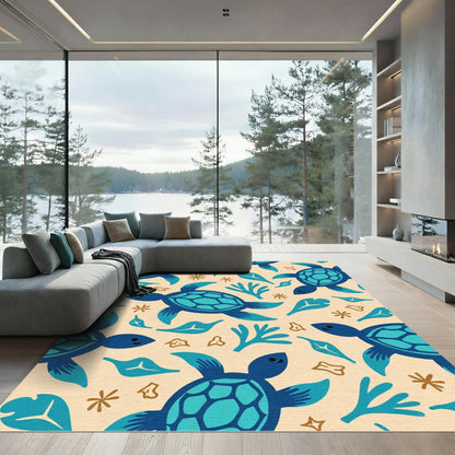 Blue Sea Turtle Aqua Leaf Motif Rug