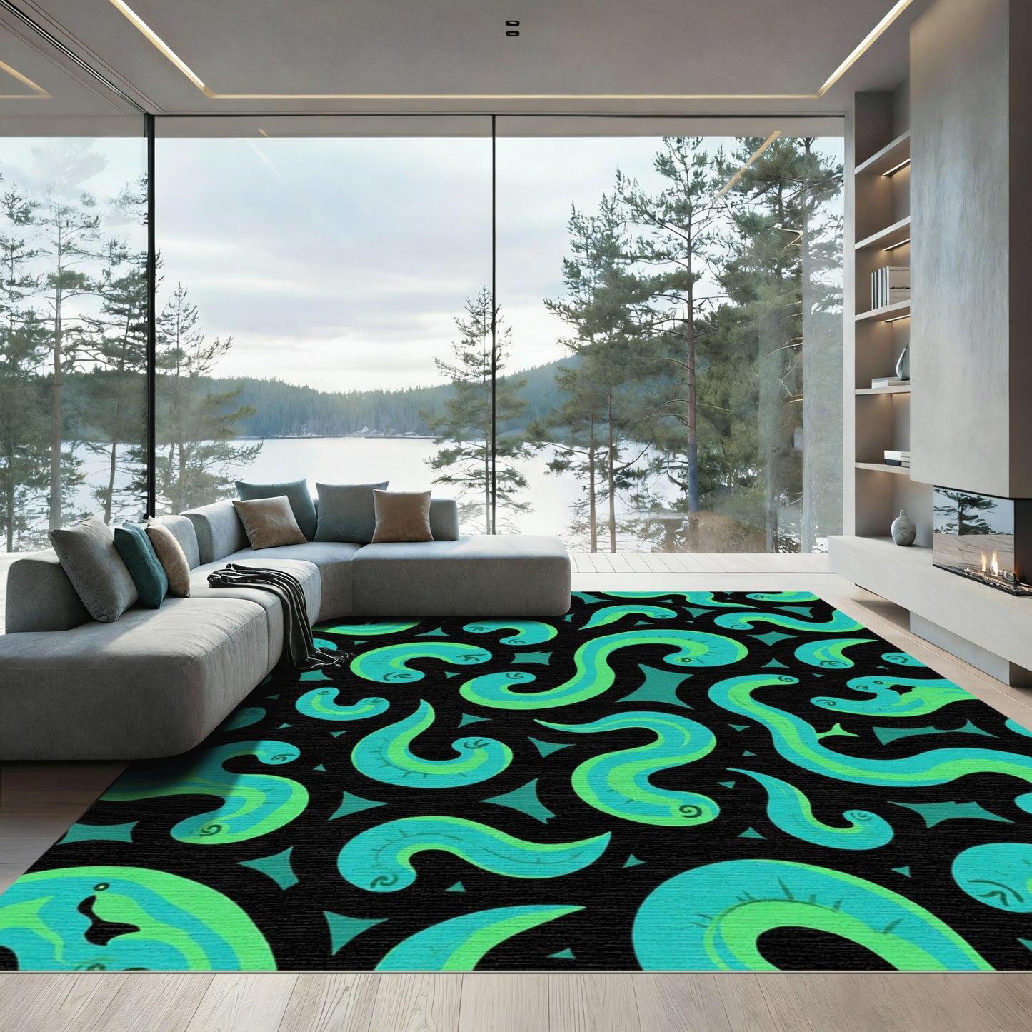 Teal Green Swirl Aquatic Pattern Rug