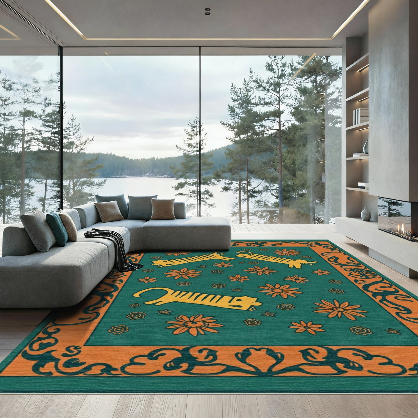 Orange Tiger Floral Swirls Rug