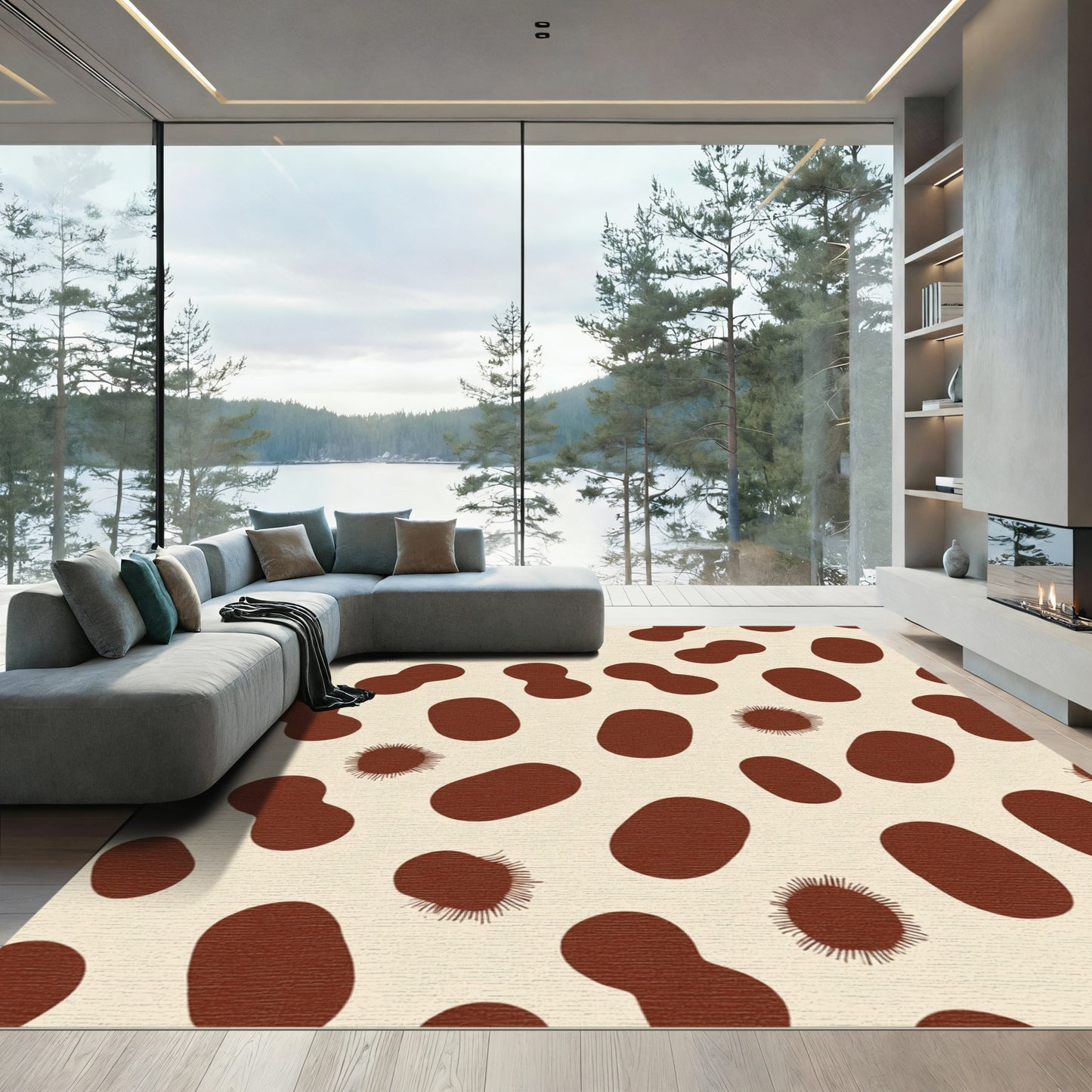 Brown Organic Shapes Cream Scatter Rug