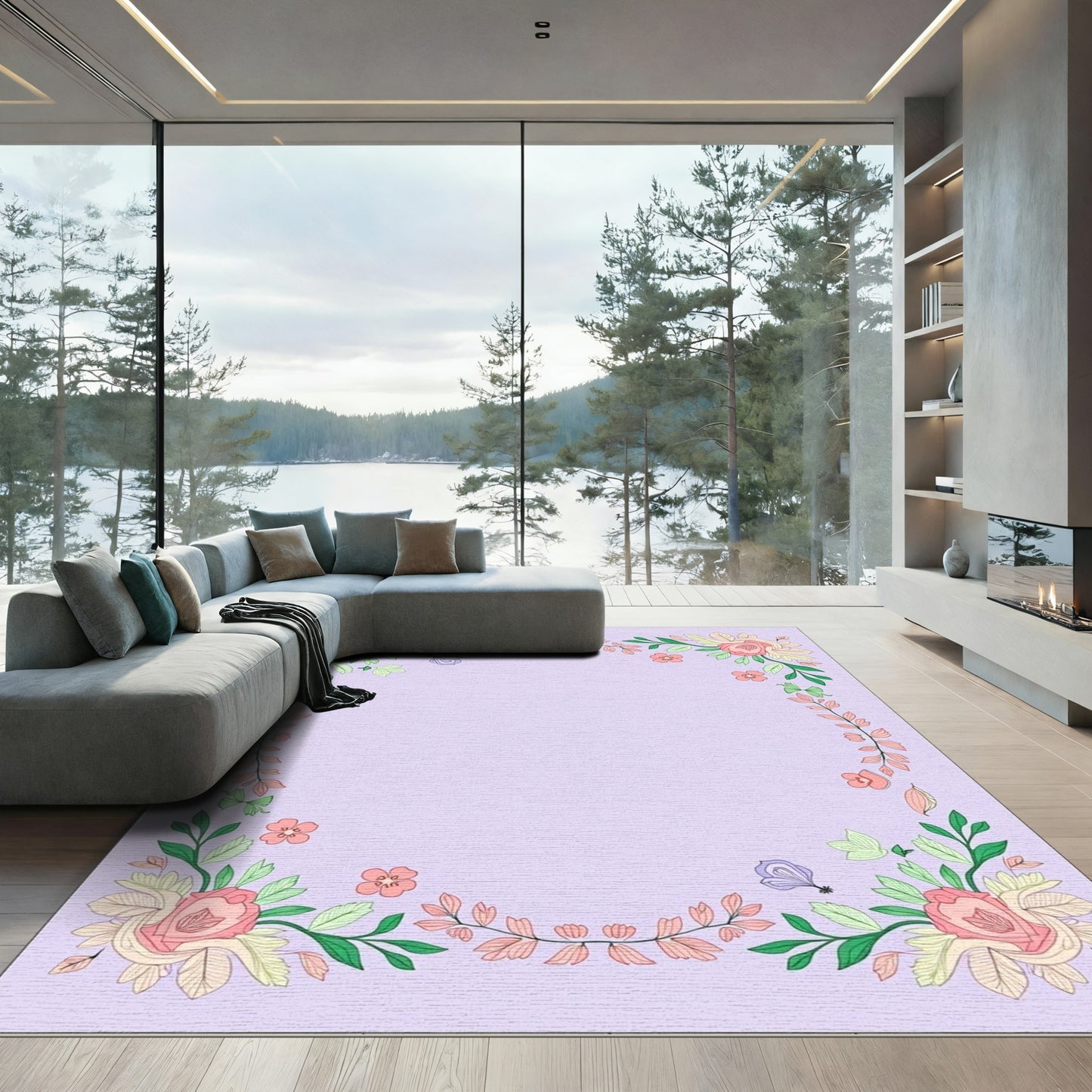 Pastel Floral Wreath Border Rug