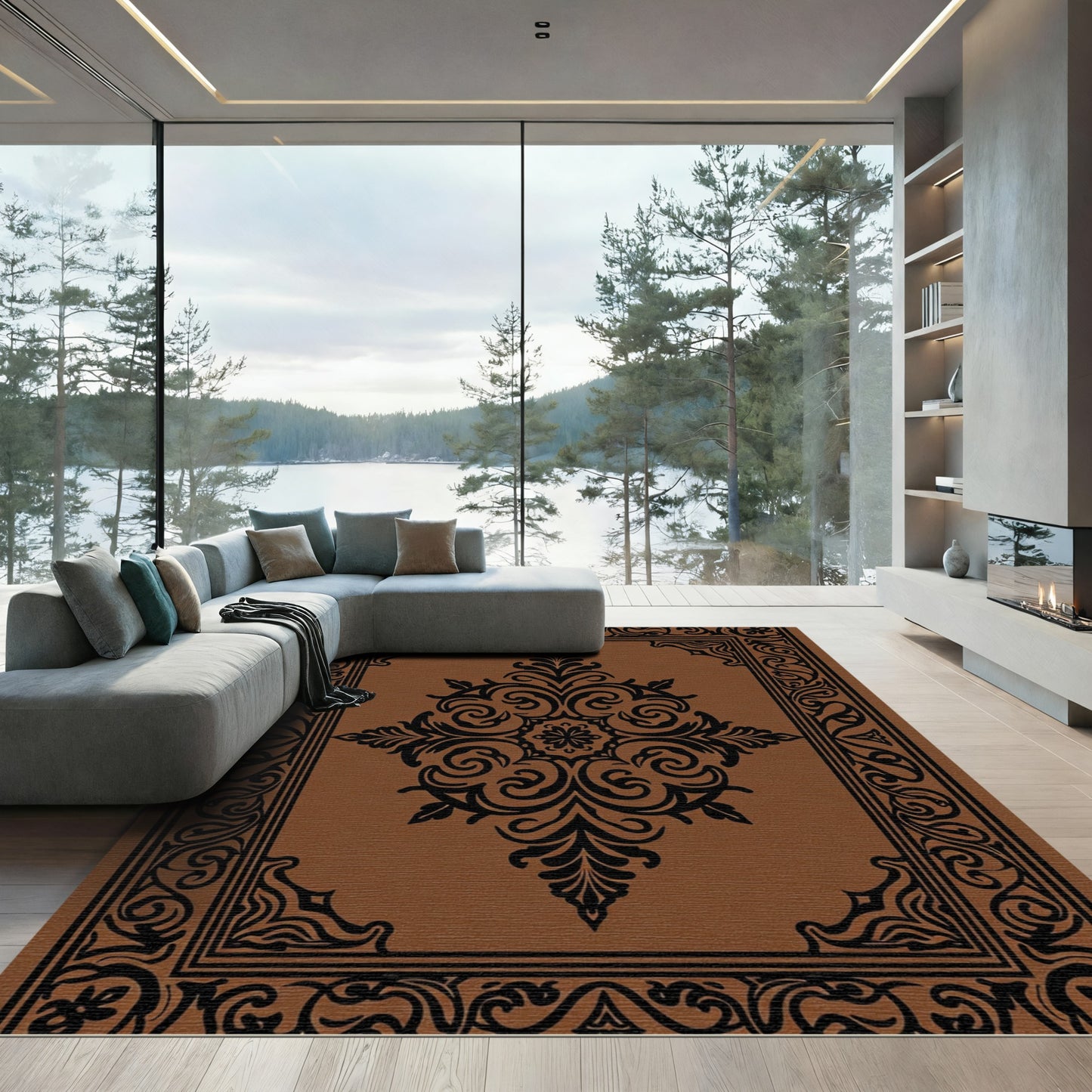 Brown Black Ornate Medallion Border Rug