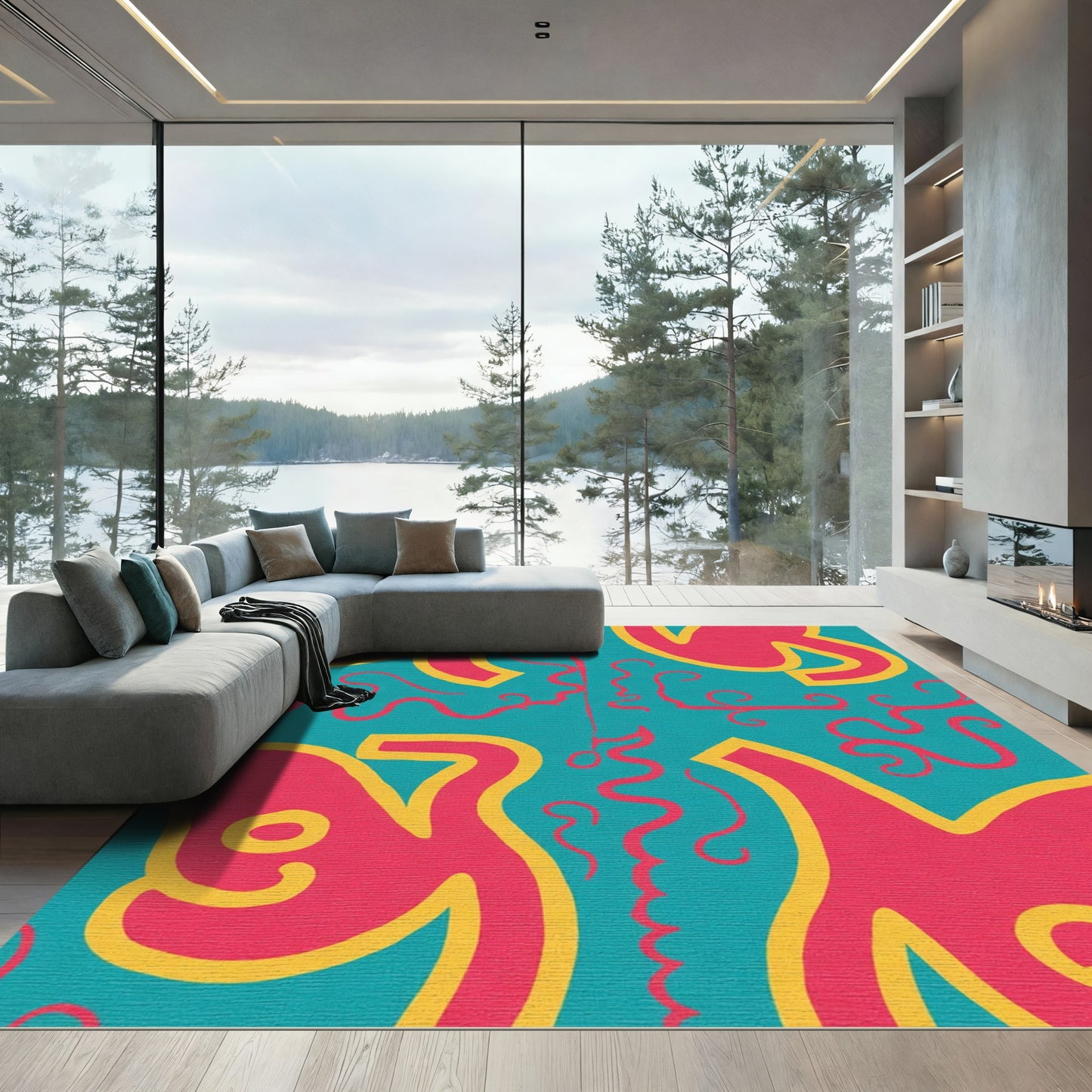 Bright Pink Yellow Teal Abstract Swirls Rug