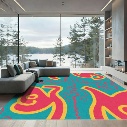 Bright Pink Yellow Teal Abstract Swirls Rug
