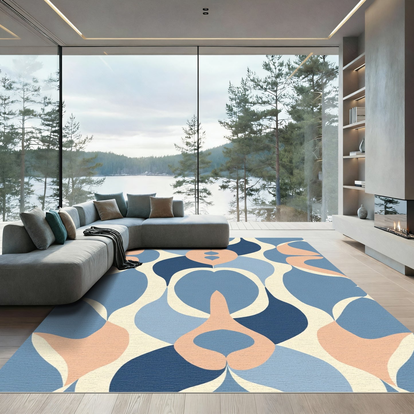 Mid Century Blue Peach Abstract Swirl Rug