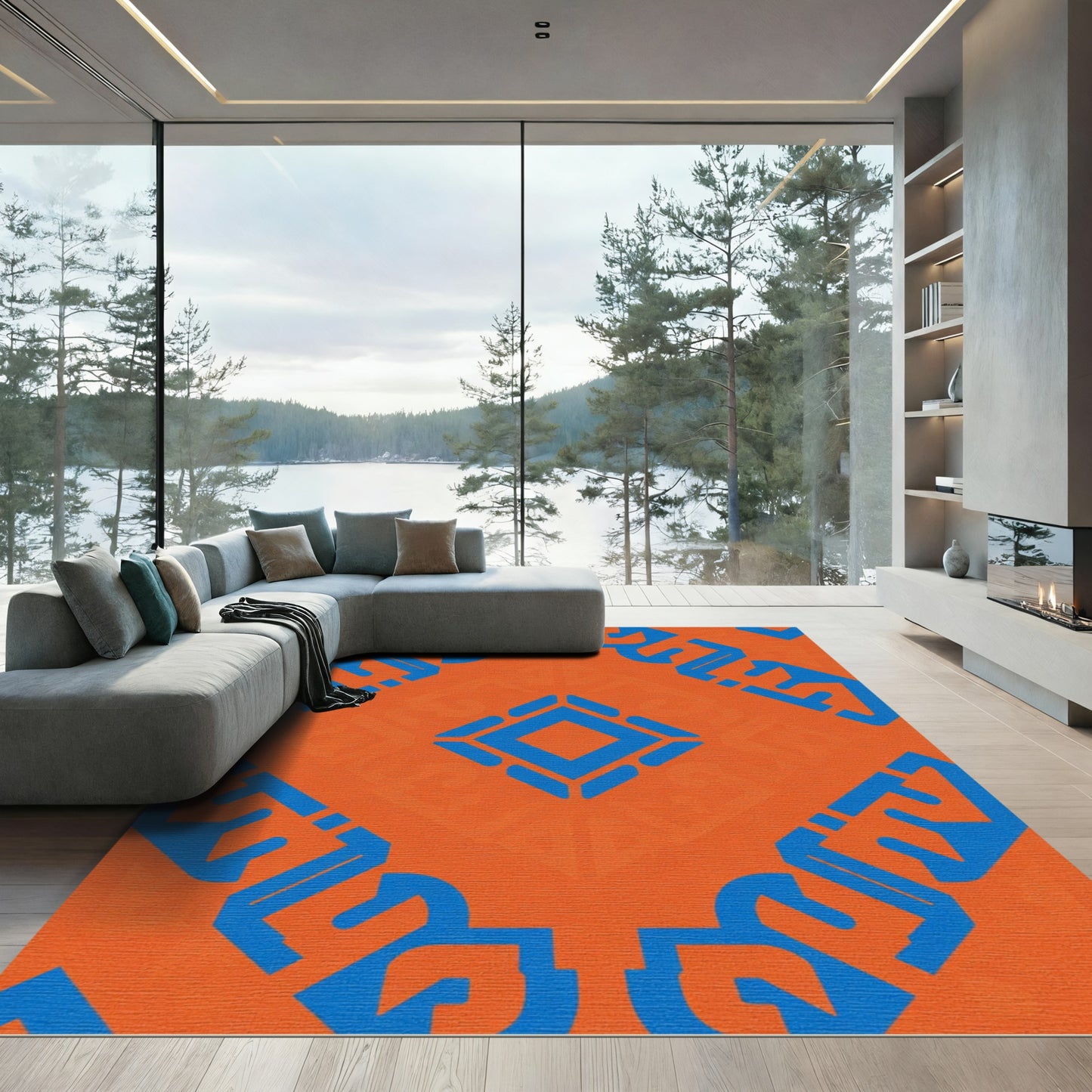 Orange Blue Geometric Diamond Medallion Rug