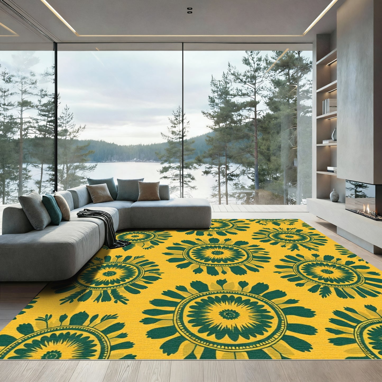 Golden Green Floral Sunburst Rug