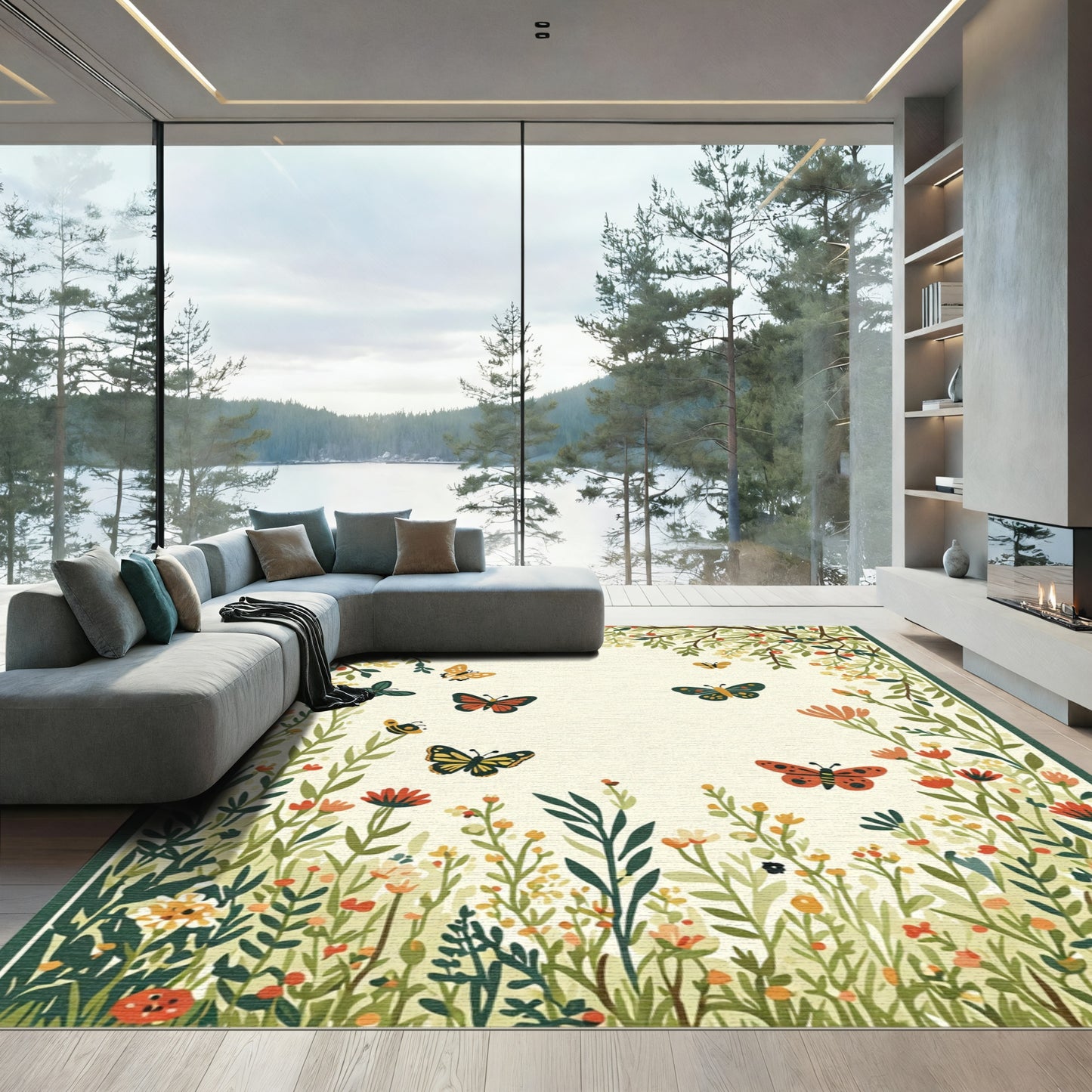 Whimsical Garden Butterflies Meadow Scene Rug