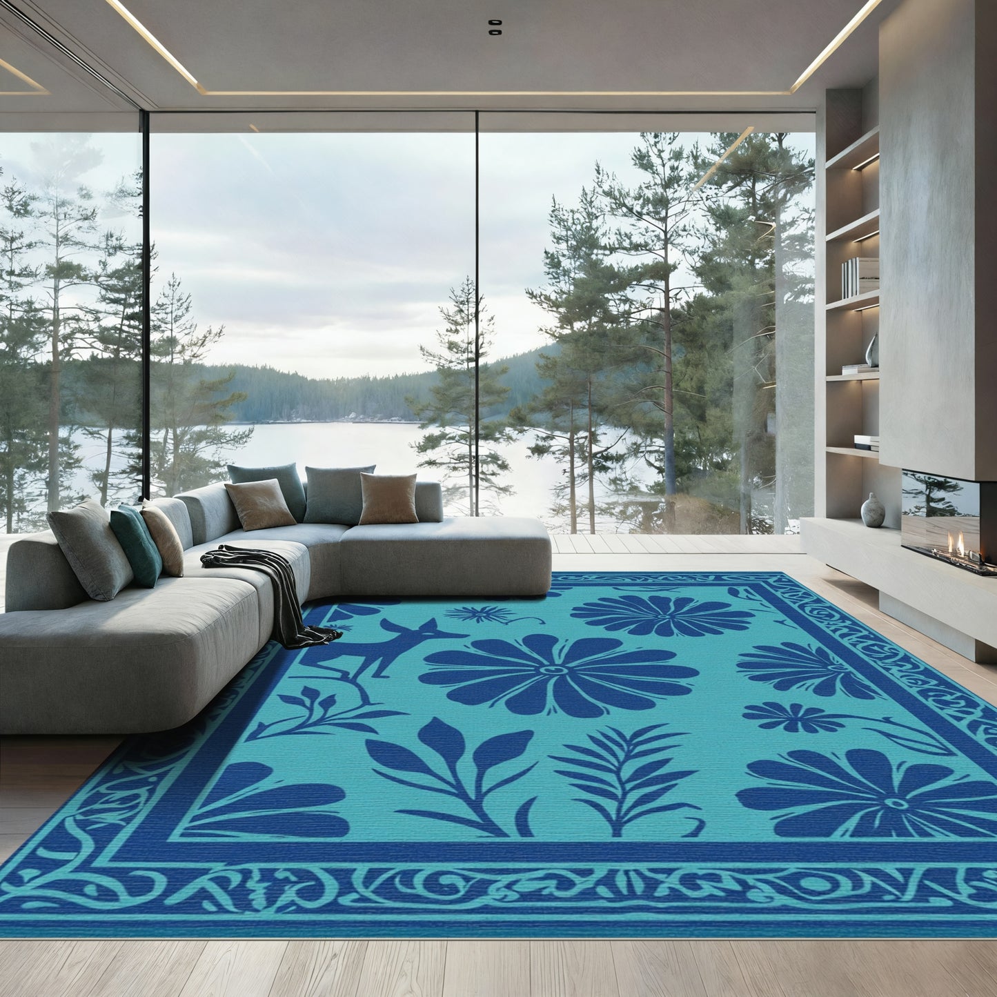 Deep Teal Floral Deer Border Rug