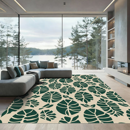 Deep Emerald Leaf Silhouette Pattern Rug