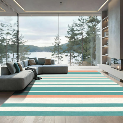 Coral Teal White Stripe Accent Rug