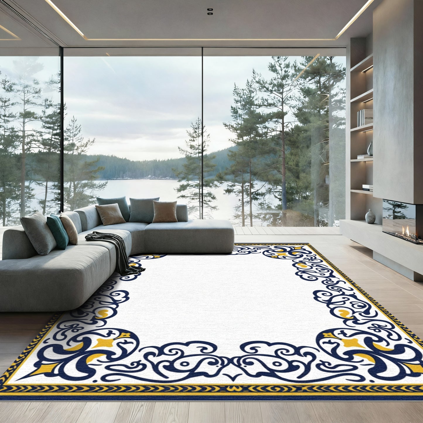 Navy Gold Ornate Scrollwork Corner Rug