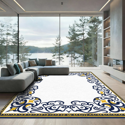Navy Gold Ornate Scrollwork Corner Rug
