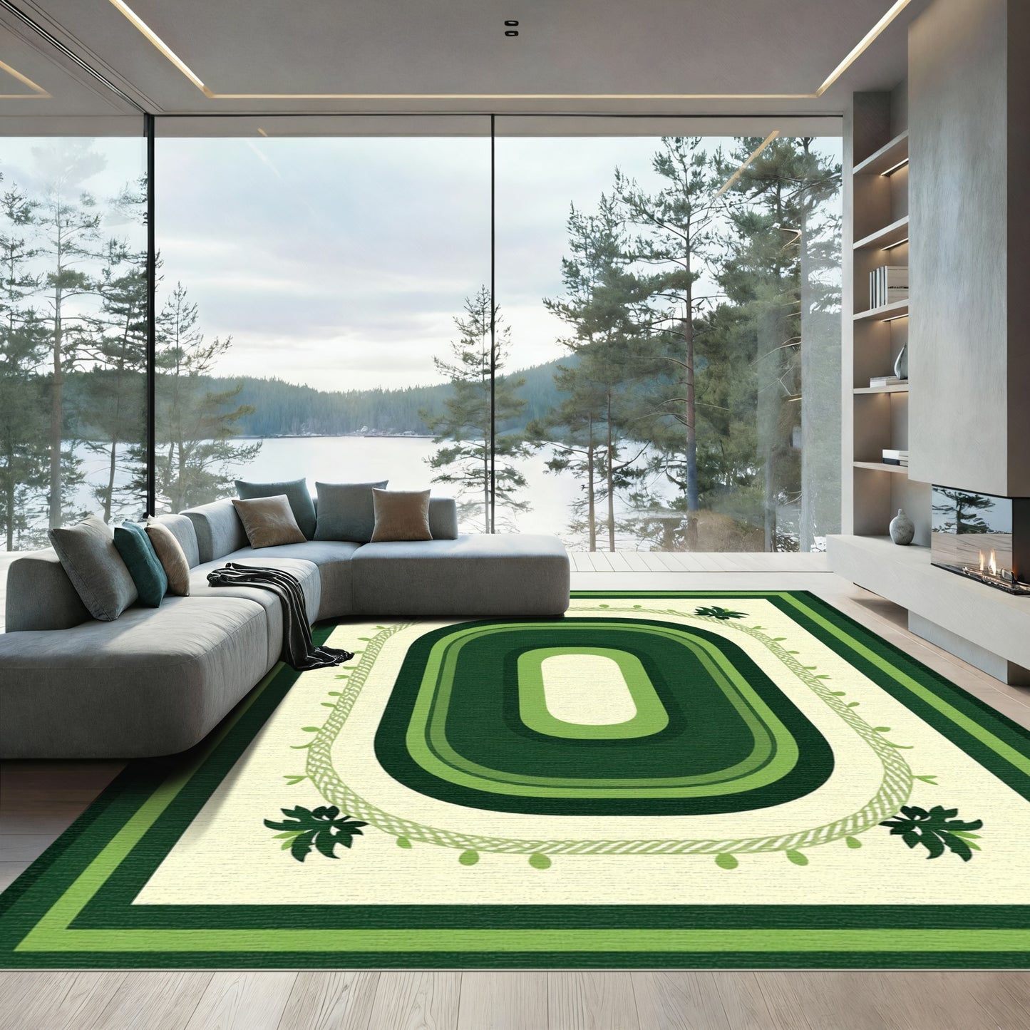 Forest Green Nested Oval Botanical Border Rug