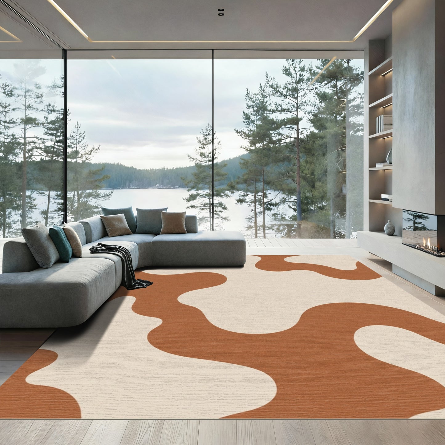 Brown Cream Abstract Organic Waves Rug