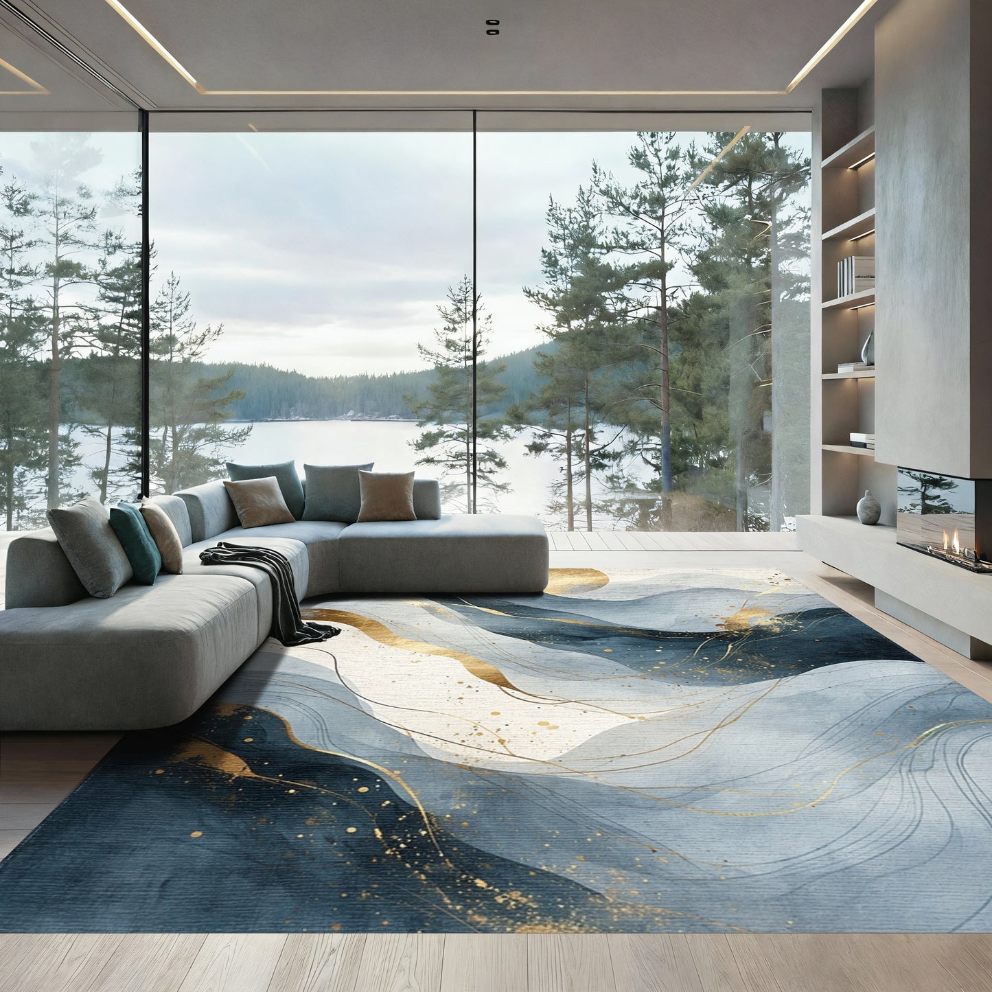 Navy Blue Mountains Golden Sun Rug