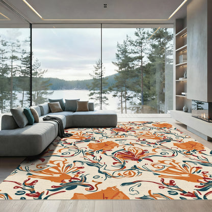Rustic Orange Floral Swirl Composition Rug