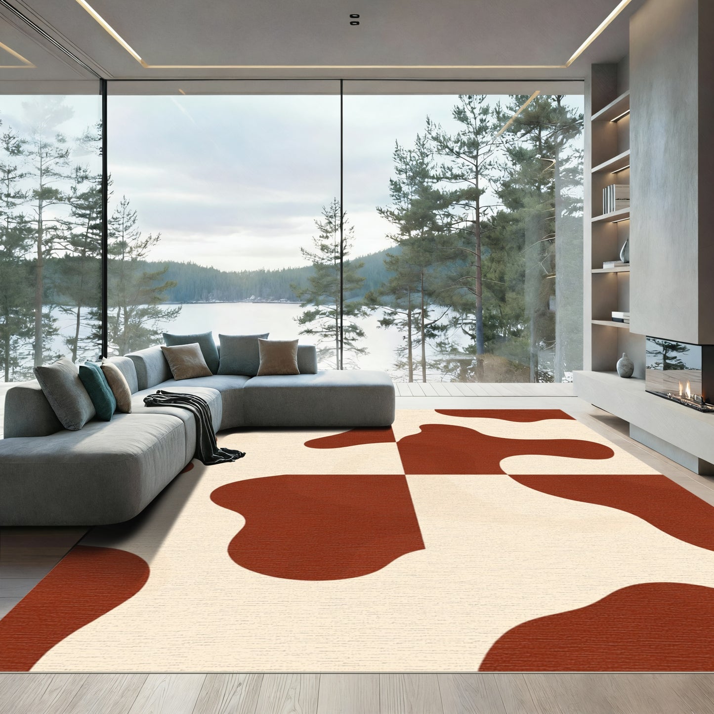 Cream Brown Abstract Cow Spots Rug