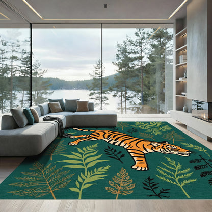 Mischievous Tiger Jungle Leaf Emerald Rug