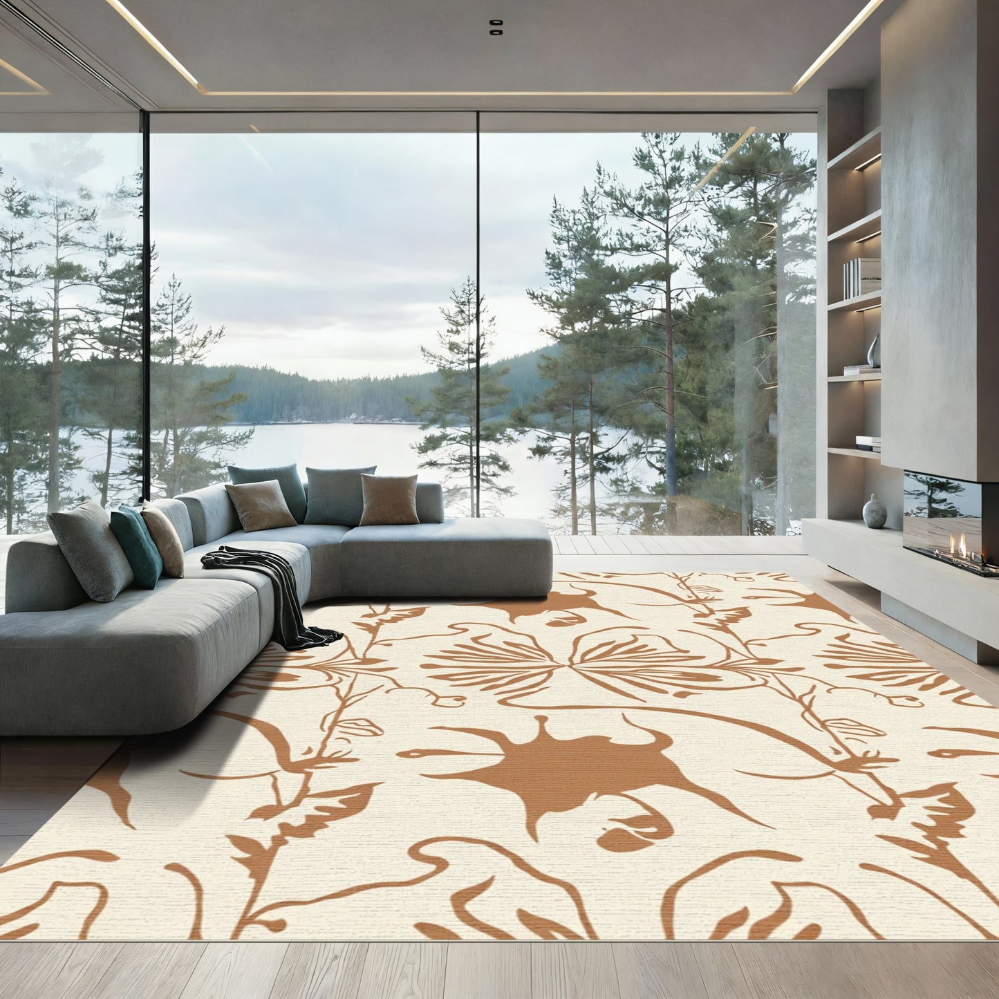 Earthy Tan Abstract Floral Vine Rug