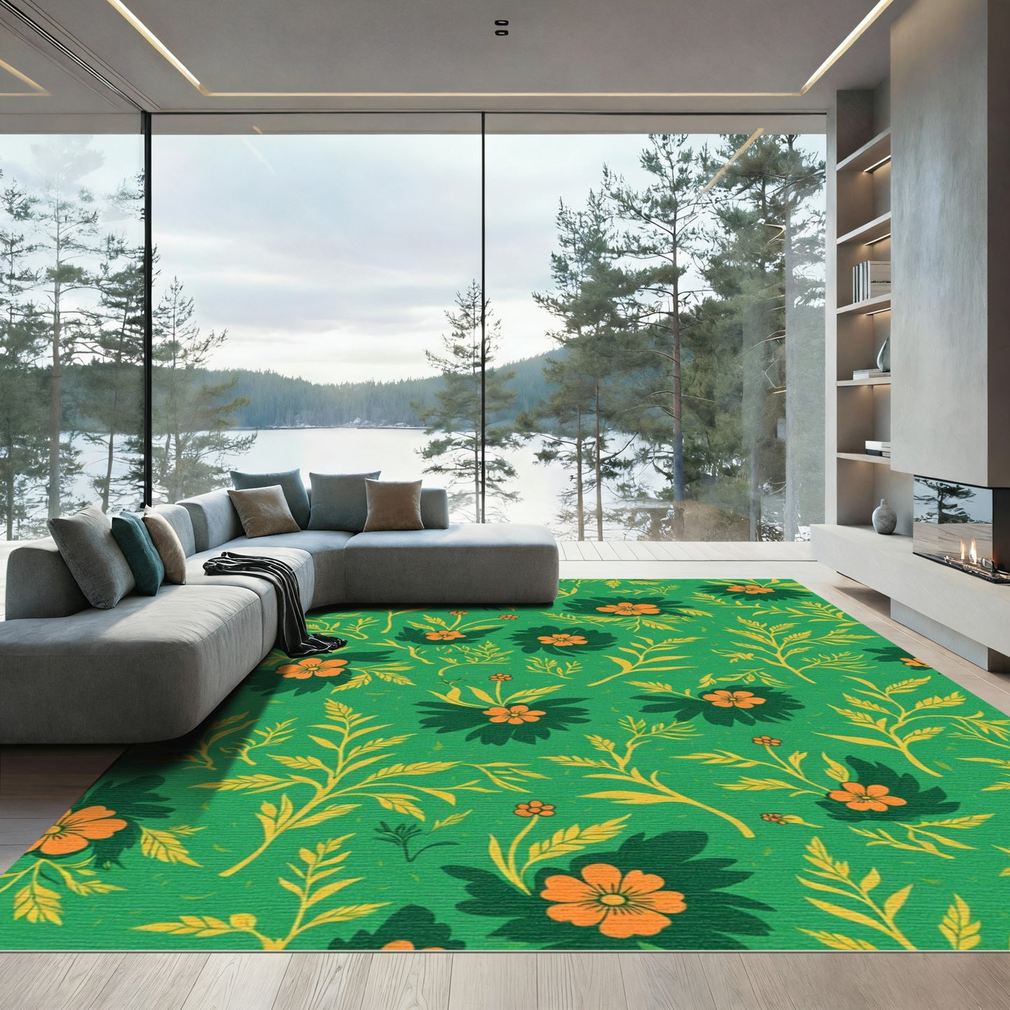 Emerald Green Orange Floral Meadow Rug
