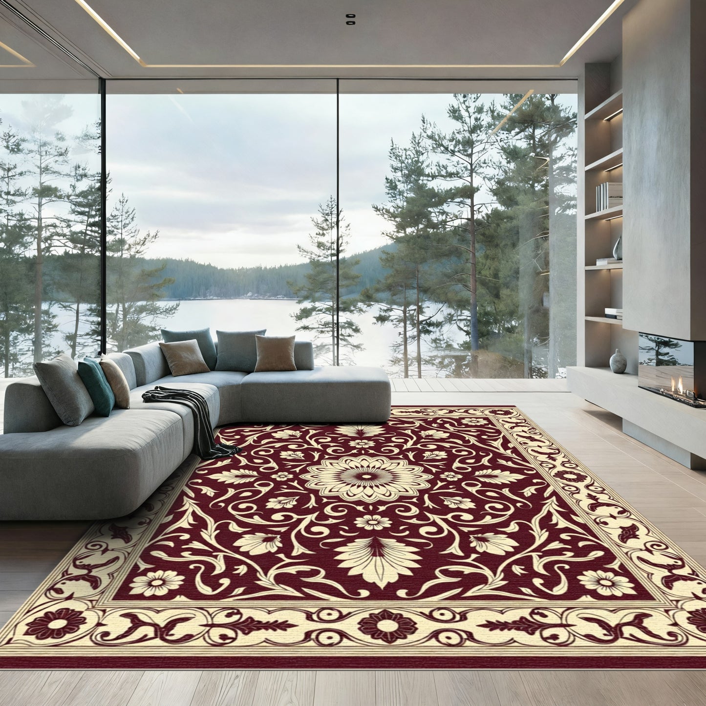 Crimson Floral Leaf Scroll Medallion Rug