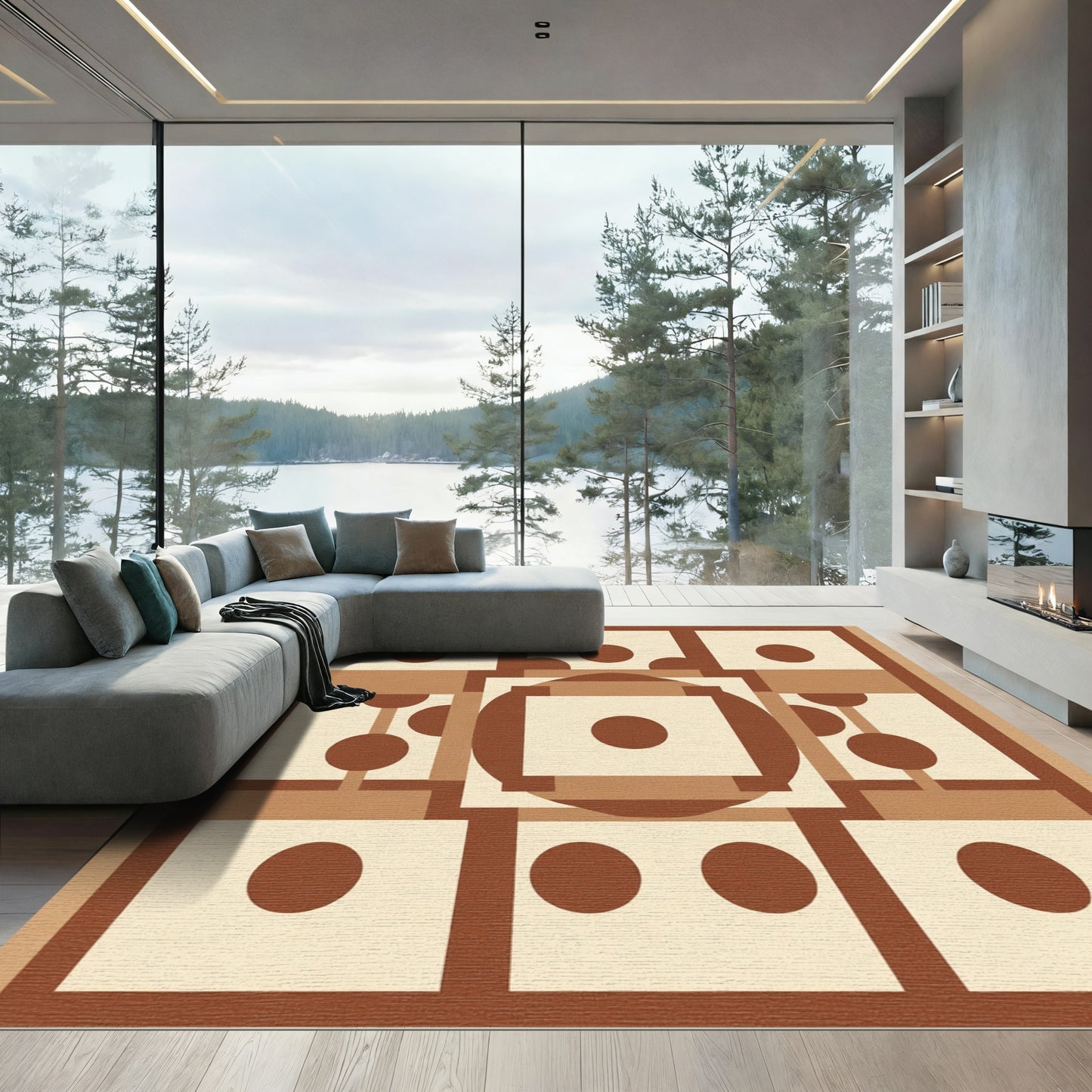 Brown Cream Geometric Square Dot Compound Rug