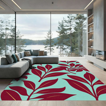 Crimson Foliage Pattern Aqua Backdrop Rug