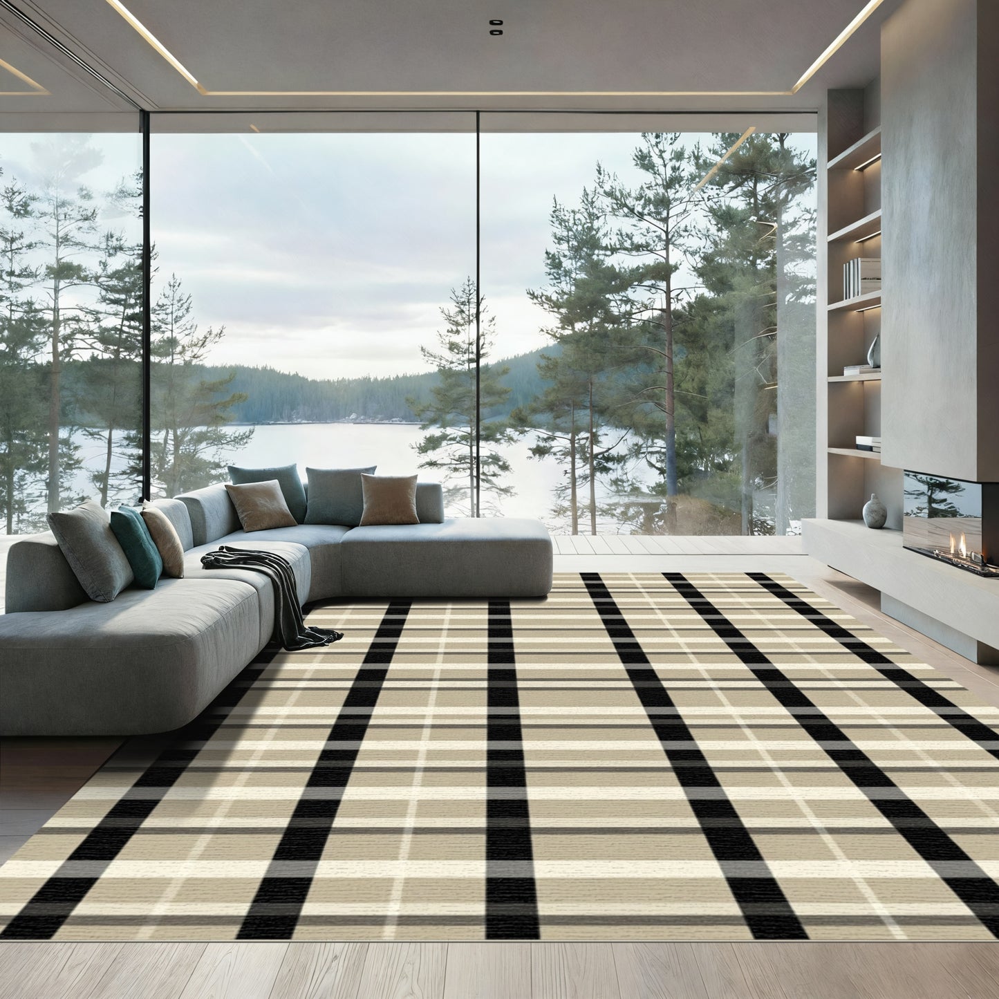 Classic Neutral Plaid Grid Rug