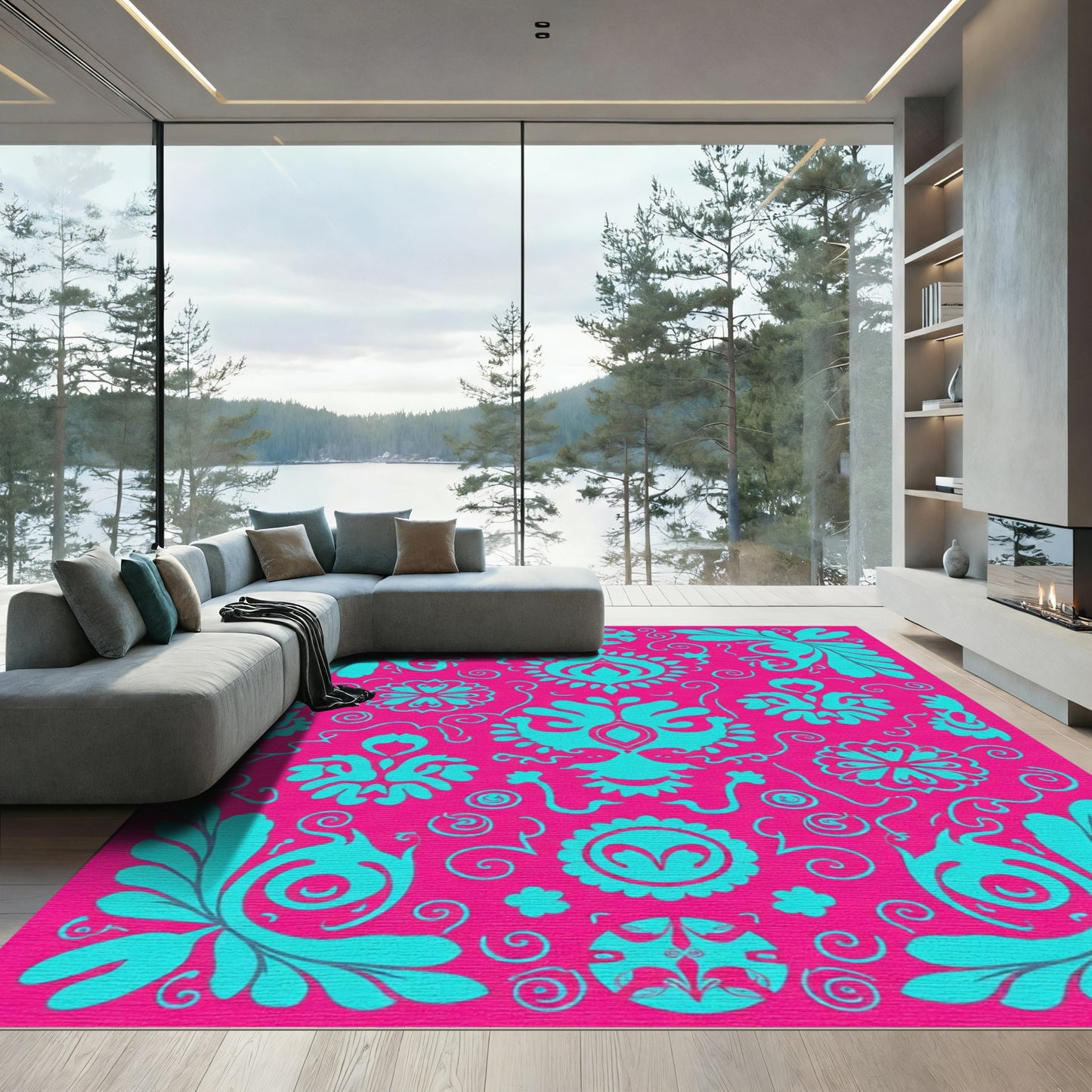 Vibrant Teal Floral Symmetry Rug